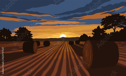 Countryside sunset landscape with agricultural field and hays