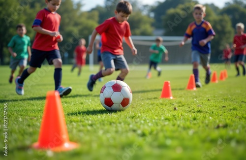 Young soccer players practice ball control on grassy field. Children in red, green uniforms run, kick soccer ball. Training session outdoors. Teamwork, fun evident in active young players. Soccer