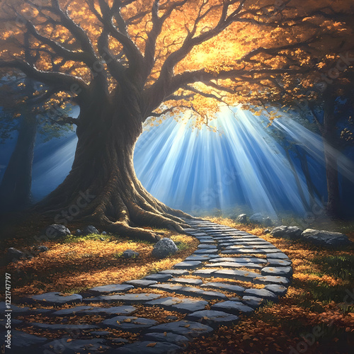 Autumn path, mystical forest, sun rays, nature scene, fantasy photo