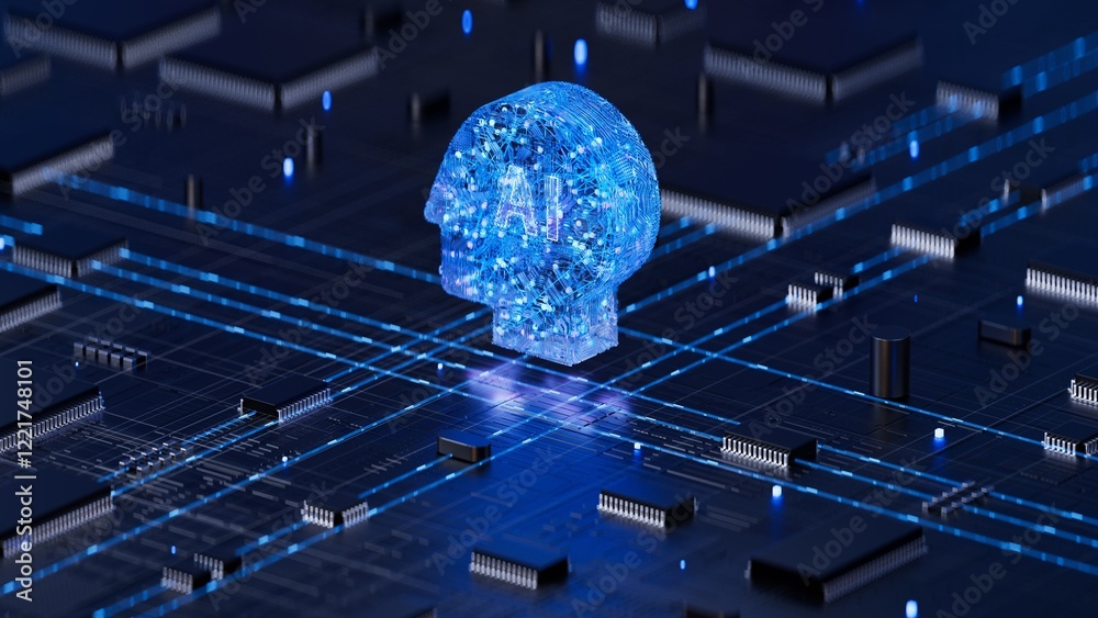 AI brain on circuit board symbolizes intelligence and technology integration. 3d rendering, conceptual image.