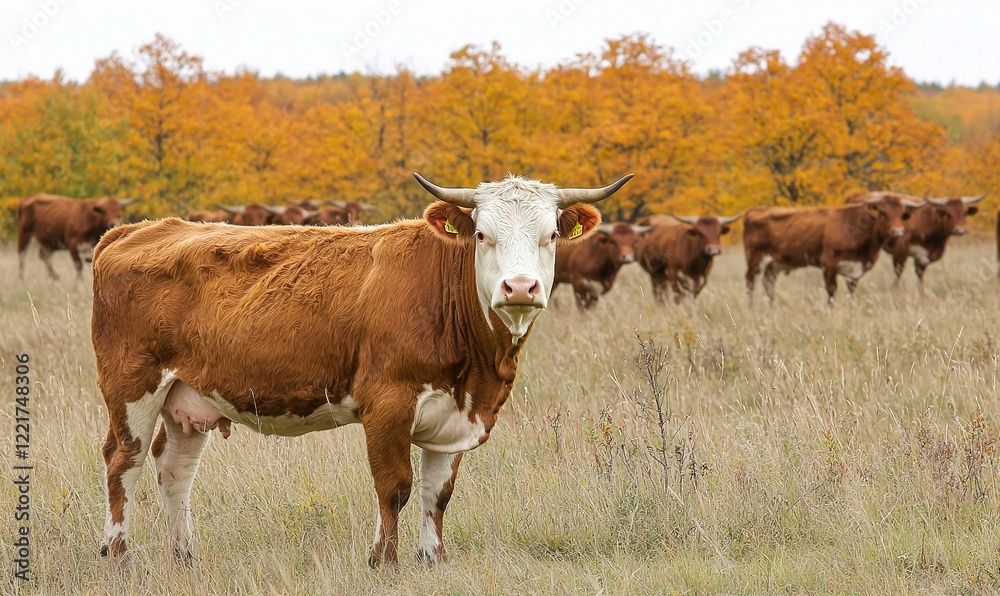 Brown and white cow in autumn field with herd Brown and white cow in autumn field with herd