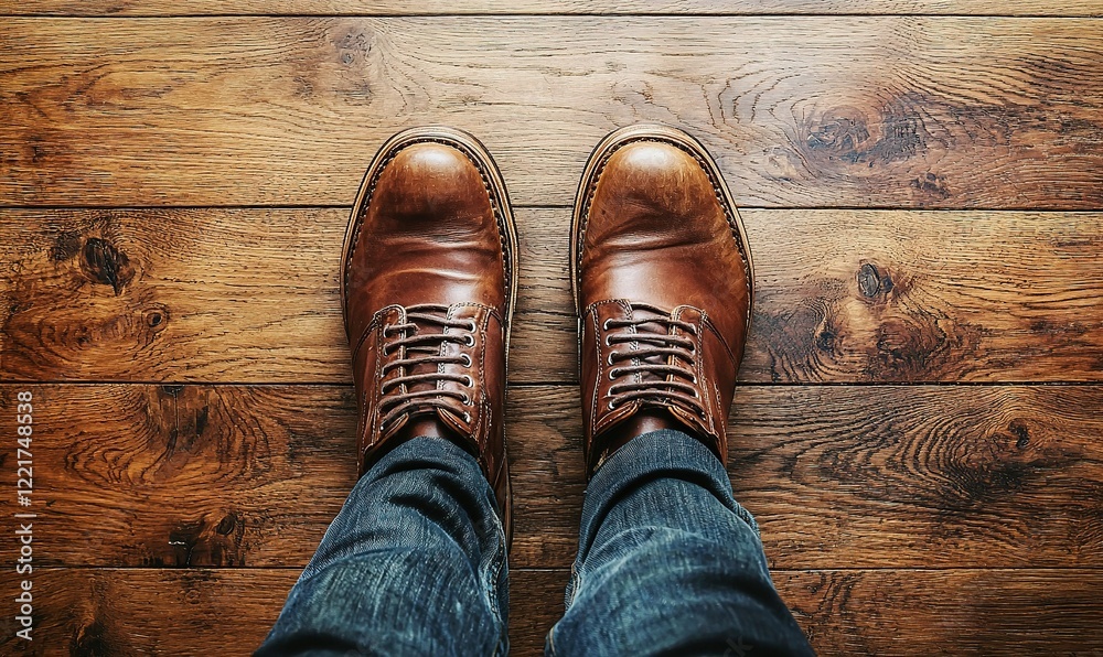 Brown leather shoes on wooden floor, first-person view Brown leather shoes on wooden floor, first-person view