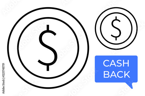 Dollar coin icons of different sizes with cash back in blue speech bubble. Ideal for financial services, shopping deals, rewards programs, cost-saving strategies, online shopping, budgeting tools