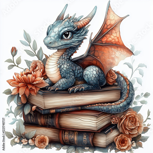 A baby dragon laying on a stack of books surrounded by flowers illustration