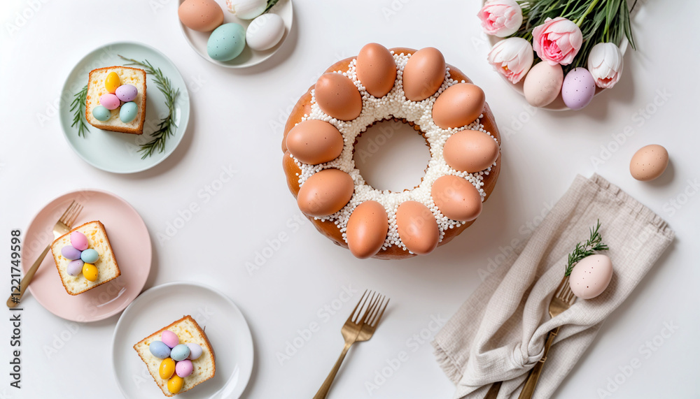 A beautifully arranged Easter table featuring traditional kulich and pastel eggs up top look A beautifully arranged Easter table featuring traditional kulich and pastel eggs up top look