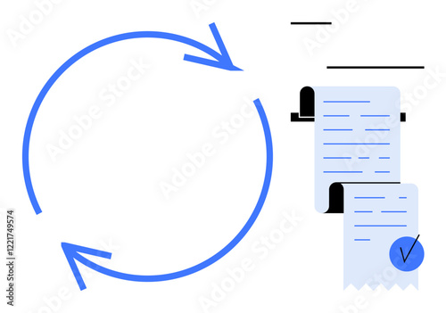 Blue circular arrows representing a cycle with documents featuring writing and a checkmark. Ideal for billing processes, invoicing, document verification, financial transactions, and business