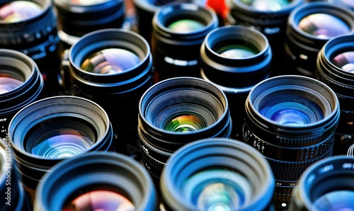 Camera lenses displayed, photography equipment, close-up view for marketing or e-commerce