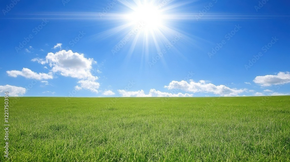 Bright Sunlit Landscape with Green Grass and Blue Sky Background Bright Sunlit Landscape with Green Grass and Blue Sky Background