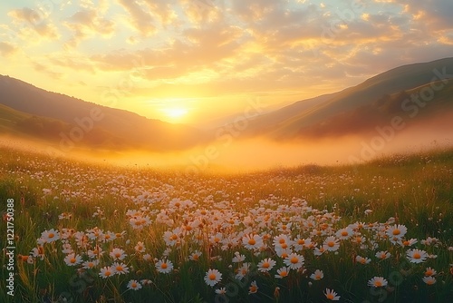 Wallpaper Mural Golden Sunrise Over Daisies In Mountain Valley Torontodigital.ca