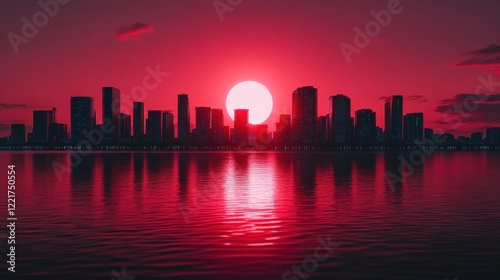 Crimson Cityscape Sunset Over Calm Waters