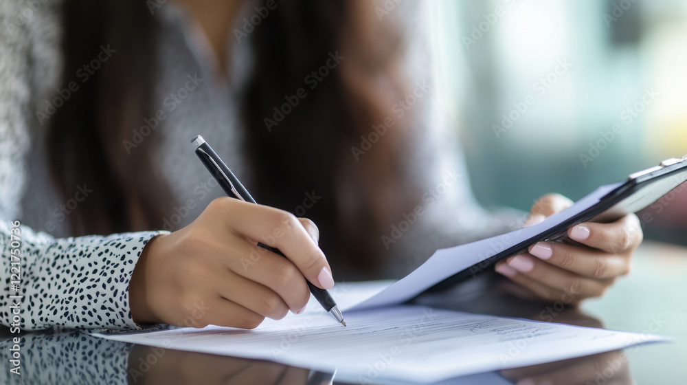 professional woman writing notes on clipboard while reviewing documents. setting conveys focus and productivity in modern workspace professional woman writing notes on clipboard while reviewing documents. setting conveys focus and productivity in modern workspace