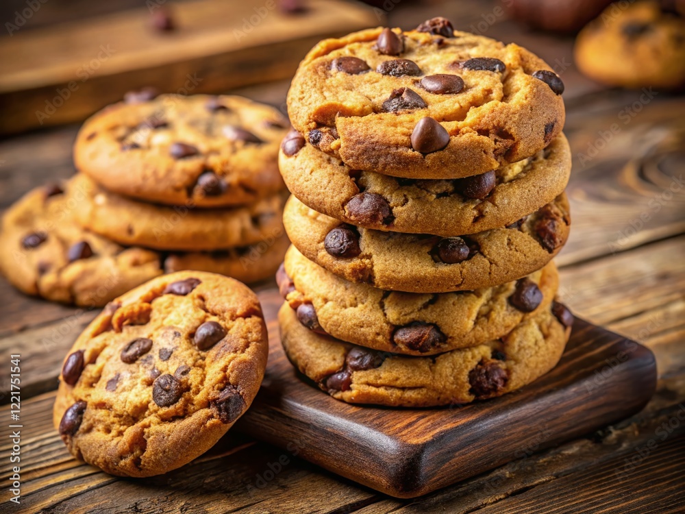 Delicious Close-Up: Warm Chocolate Chip Cookies on Rustic Wooden Board - Drone Photography Delicious Close-Up: Warm Chocolate Chip Cookies on Rustic Wooden Board - Drone Photography