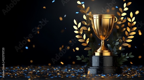 Golden Trophy With Gold And Green Leaves On Black Marble Base