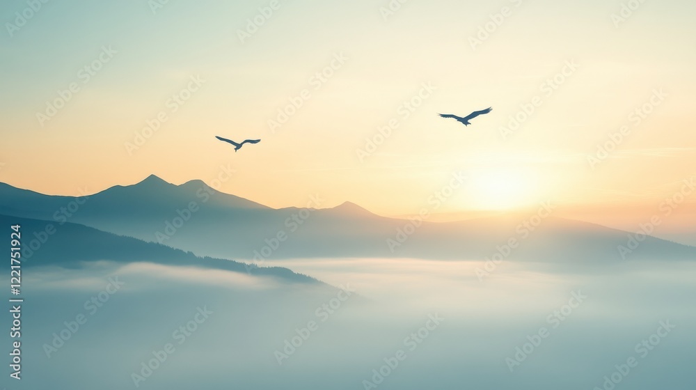 Serene Sunrise Over Misty Mountains with Birds in the Sky Serene Sunrise Over Misty Mountains with Birds in the Sky