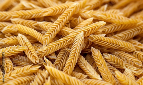 Close-up of uncooked radiatori pasta, background texture, food photography, recipe ingredient photo