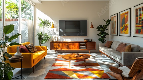 A mid-century modern living room with iconic furniture, updated with bold geometric rugs and a sleek, wall-mounted OLED TV