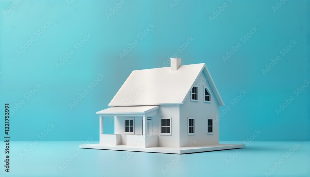 White house model stands on blue background. Simple, modern design. Model house represents real estate. Ideal for property concepts. Real estate agents use to present home, construction, business White house model stands on blue background. Simple, modern design. Model house represents real estate. Ideal for property concepts. Real estate agents use to present home, construction, business
