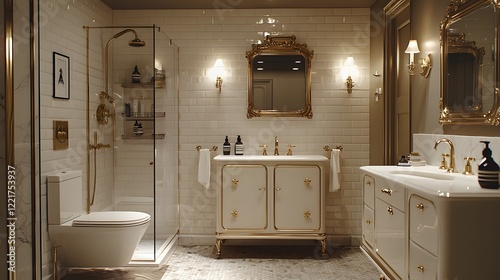 A 1920s-inspired bathroom with gold fixtures and vintage mirrors, updated with sleek rain shower systems photo