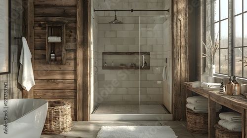 A rustic farmhouse bathroom with reclaimed wood accents and a contemporary glass shower enclosure
