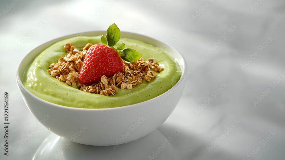 Green smoothie bowl topped with granola and a fresh strawberry. Healthy breakfast or snack option. Green smoothie bowl topped with granola and a fresh strawberry. Healthy breakfast or snack option.