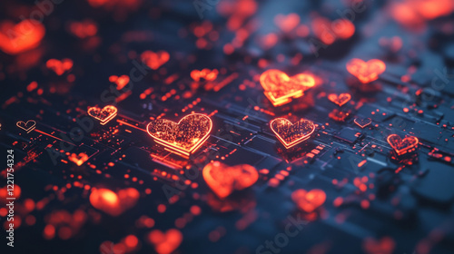 digital hearts scattered across the chip symbolize the emotional toll of online harassment. digital background for valentines day