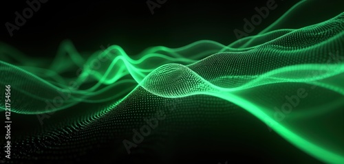 Dynamic abstract design with vibrant green neon lines creating intricate patterns on dark backdrop. Futuristic, sleek visual effect suggests high tech science fiction themes. Intricate wave shapes,