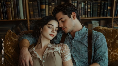 A couple recreating an old family photo, blending vintage props with a modern photoshoot aesthetic