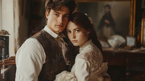 A couple recreating an old family photo, blending vintage props with a modern photoshoot aesthetic