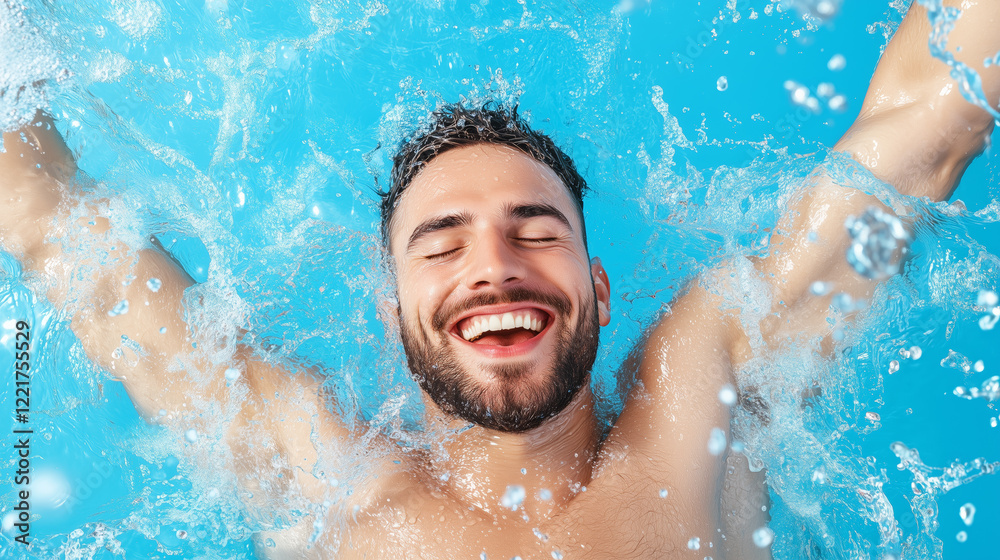 Smiling man splashes joyfully in clear blue water Smiling man splashes joyfully in clear blue water