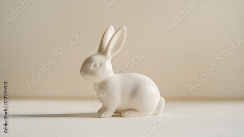 Elegant white ceramic rabbit figurine, subtly illuminated against a neutral backdrop. Perfect for Easter or home decor.