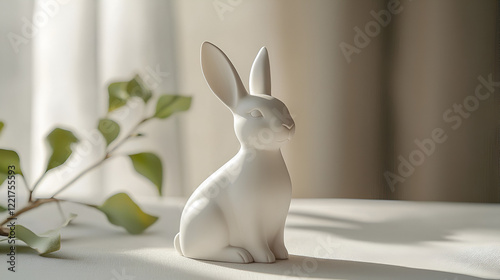Serene scene: A white rabbit figurine sits on a soft surface, bathed in sunlight, with a sprig of greenery nearby.