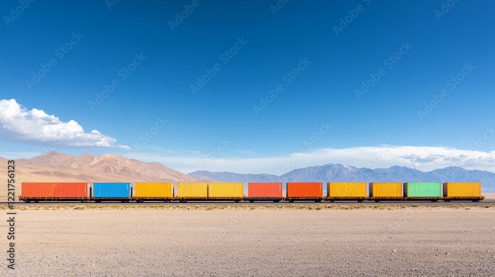 Obraz premium Vibrant Cargo Containers on a Freight Train against a Clear Blue Sky and Mountain Landscape in a Remote Location