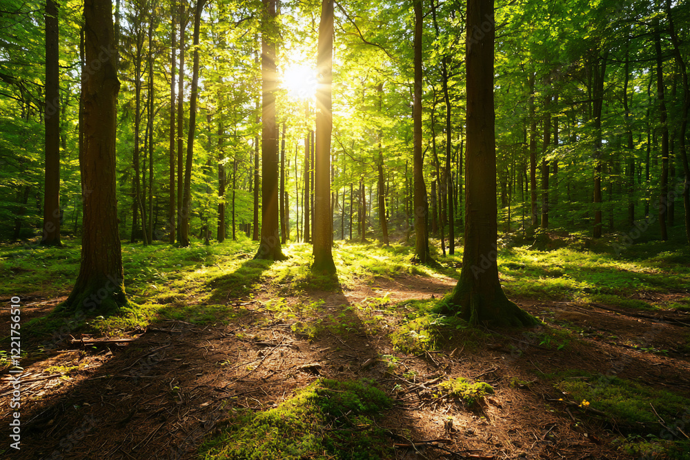 Obraz premium Sunlight filtering through lush green trees in a tranquil forest, creating a serene atmosphere