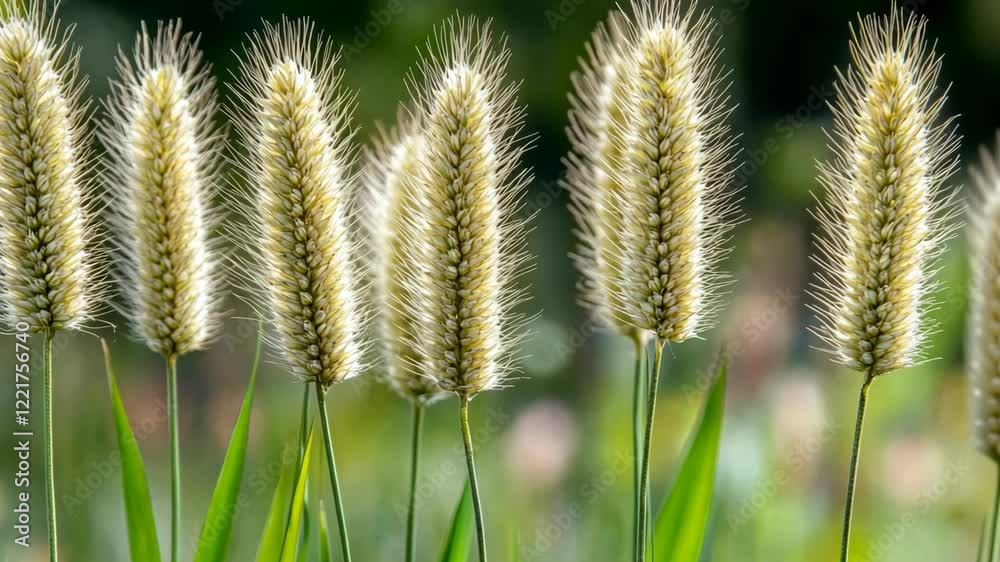 Golden grass flowers sway gently in the breeze under warm sunlight in a lush green field