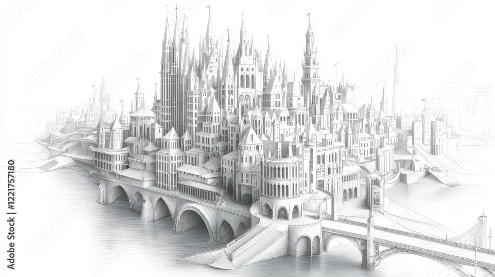 Fototapeta premium Towering Gothic Castle Overlooking Serene River in High Fidelity Artwork
