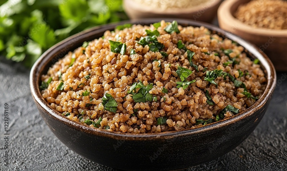 Cooked bulgur in bowl with herbs on dark table Cooked bulgur in bowl with herbs on dark table