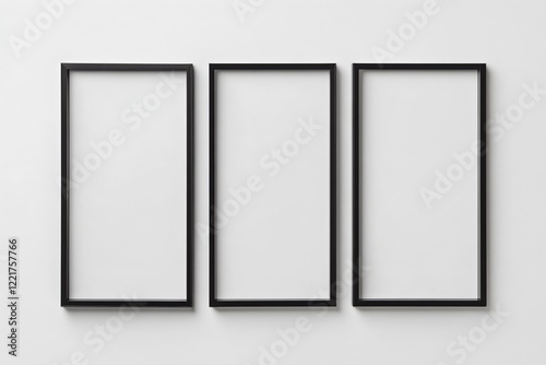 Three vertical black empty frames hanging on white wall backdrop, creating minimalist and modern art display for design and illustration