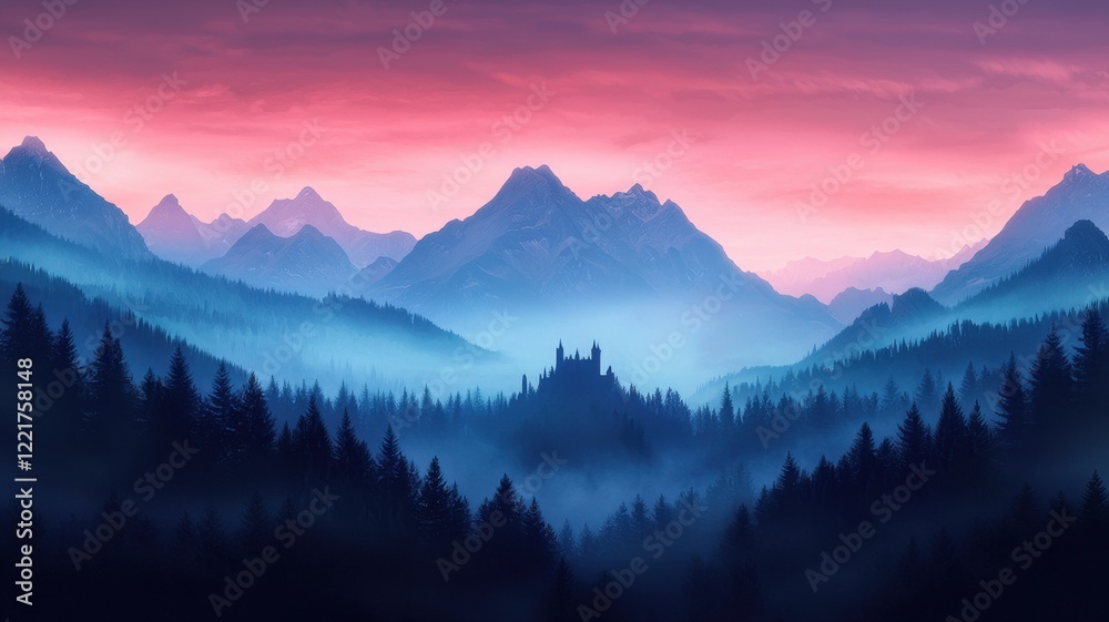 Enchanting Misty Mountain Landscape with Castle Silhouette at Sunset Enchanting Misty Mountain Landscape with Castle Silhouette at Sunset