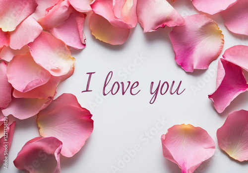 Romantic pink rose petals surround heartfelt message saying I love you, creating warm and affectionate atmosphere. Perfect for expressing love and tenderness