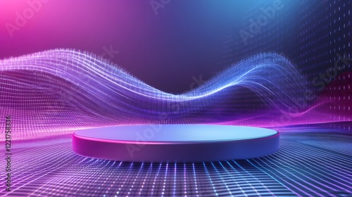 A podium with smooth curves on a high-tech grid platform, with digital data streams floating in the background for a futuristic, techy atmosphere