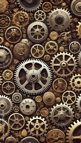 Intricate arrangement of metallic gears and cogs as a decorative wallpaper for mobile phones. Generative AI