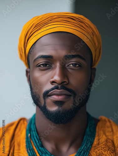 A Man of Quiet Strength: A close-up portrait of a black man with a sharp gaze, adorned in a vibrant yellow turban and necklace, capturing an essence of dignity,  cultural identity, and inner strength.