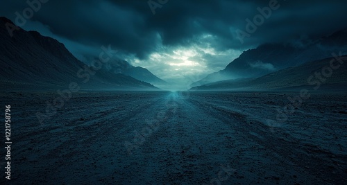 Dark dirt road through misty valley under stormy sky, journey concept