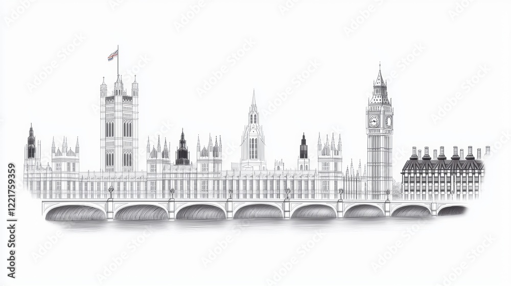 Detailed Crosshatch Sketch of Big Ben and Houses of Parliament in London Detailed Crosshatch Sketch of Big Ben and Houses of Parliament in London