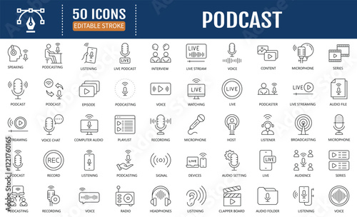 Podcast line editable icon set. Containing Podcast, Broadcasting, studio, microphone, sound, Conversation, Podcaster and more. Vector Illusttration