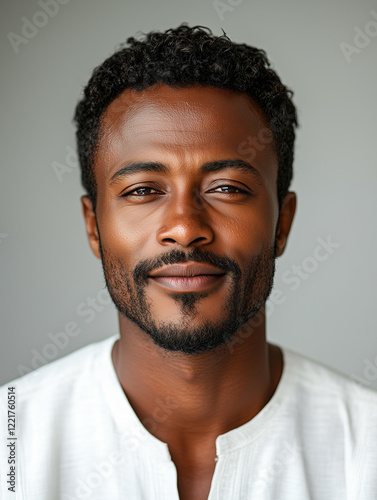 Confident Gaze: A close-up portrait of a handsome man with a warm, confident gaze and a hint of a smile, radiating a sense of strength, charisma, and approachable personality.