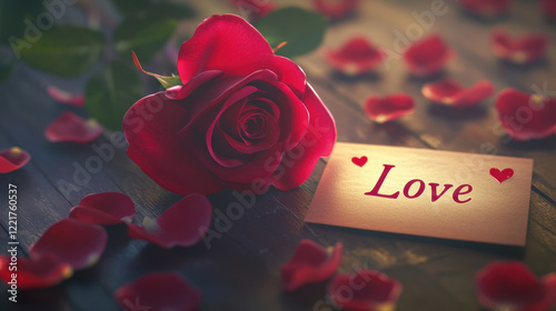 romantic scene featuring bright red rose and card with word Love, surrounded by rose petals, evokes feelings of affection and tenderness