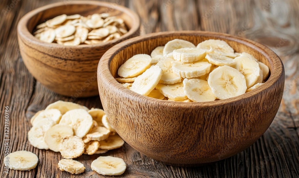 Dried banana and apple chips in wooden bowls on rustic table Dried banana and apple chips in wooden bowls on rustic table