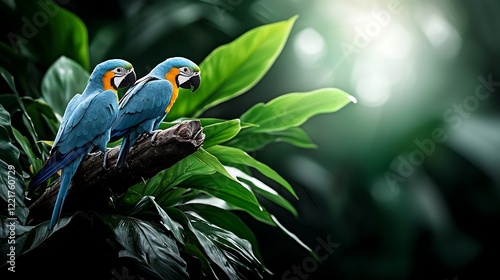 Blue macaws perched on branch, lush rainforest background, wildlife photography photo