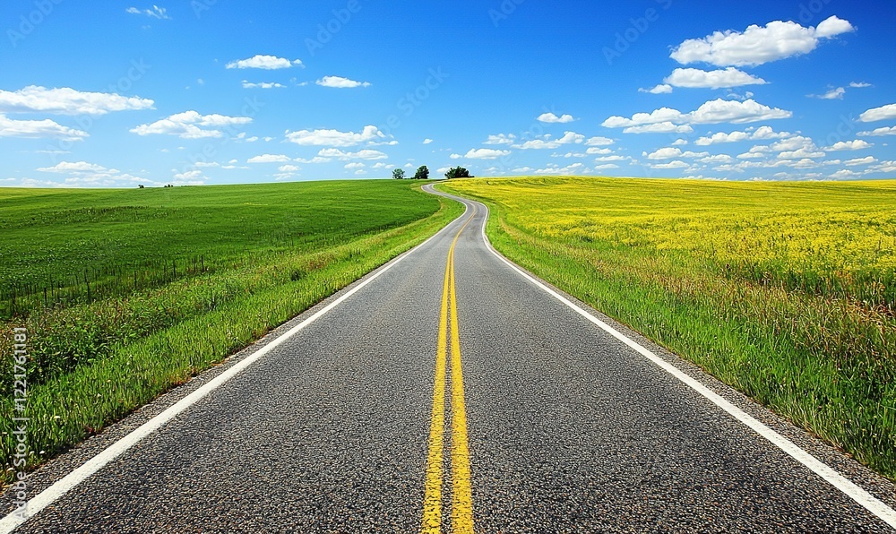 Fototapeta premium Empty asphalt road through colorful fields under blue sky